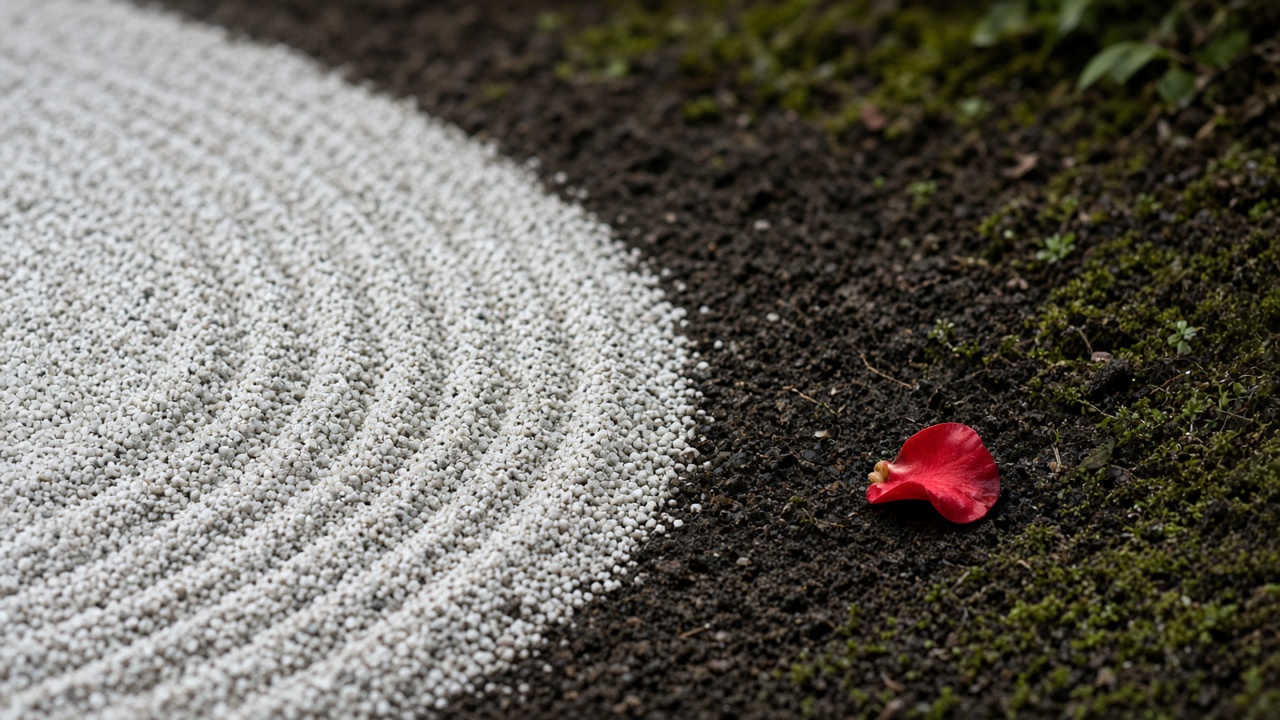 A single camellia petal on raked gravel