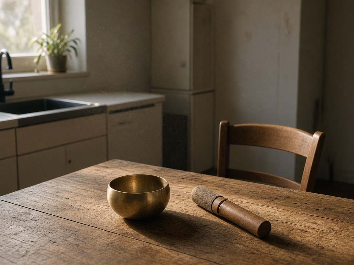 A singing bowl on a wooden table